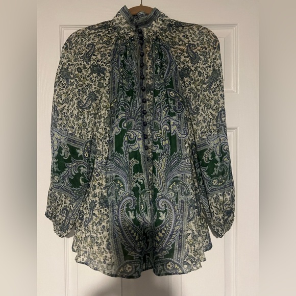 ZIMMERMANN OTTIE LINEN BILLOW BLOUSE GREEN PAISLEY - Picture 3 of 14